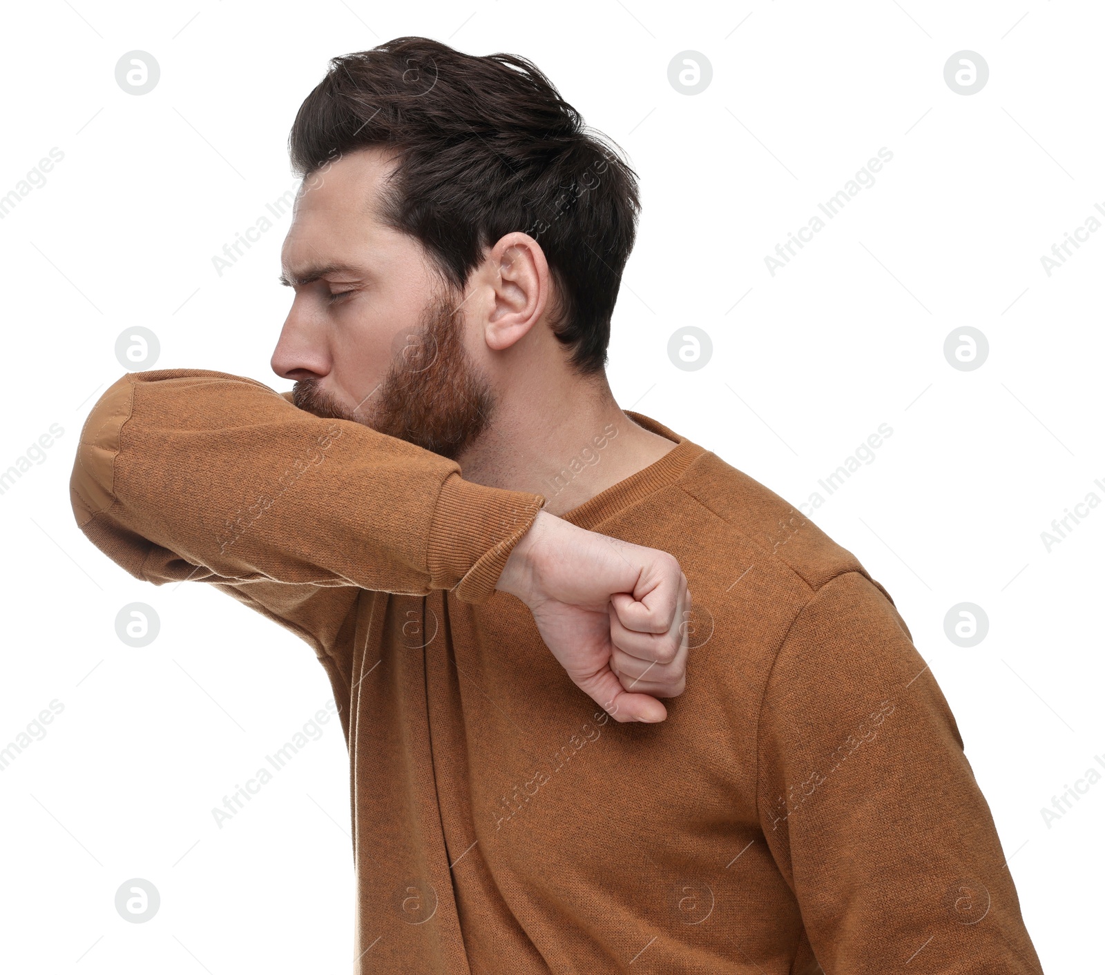 Photo of Sick man coughing into his elbow on white background. Cold symptoms