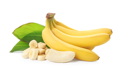 Delicious ripe bananas with leaves and pieces isolated on white