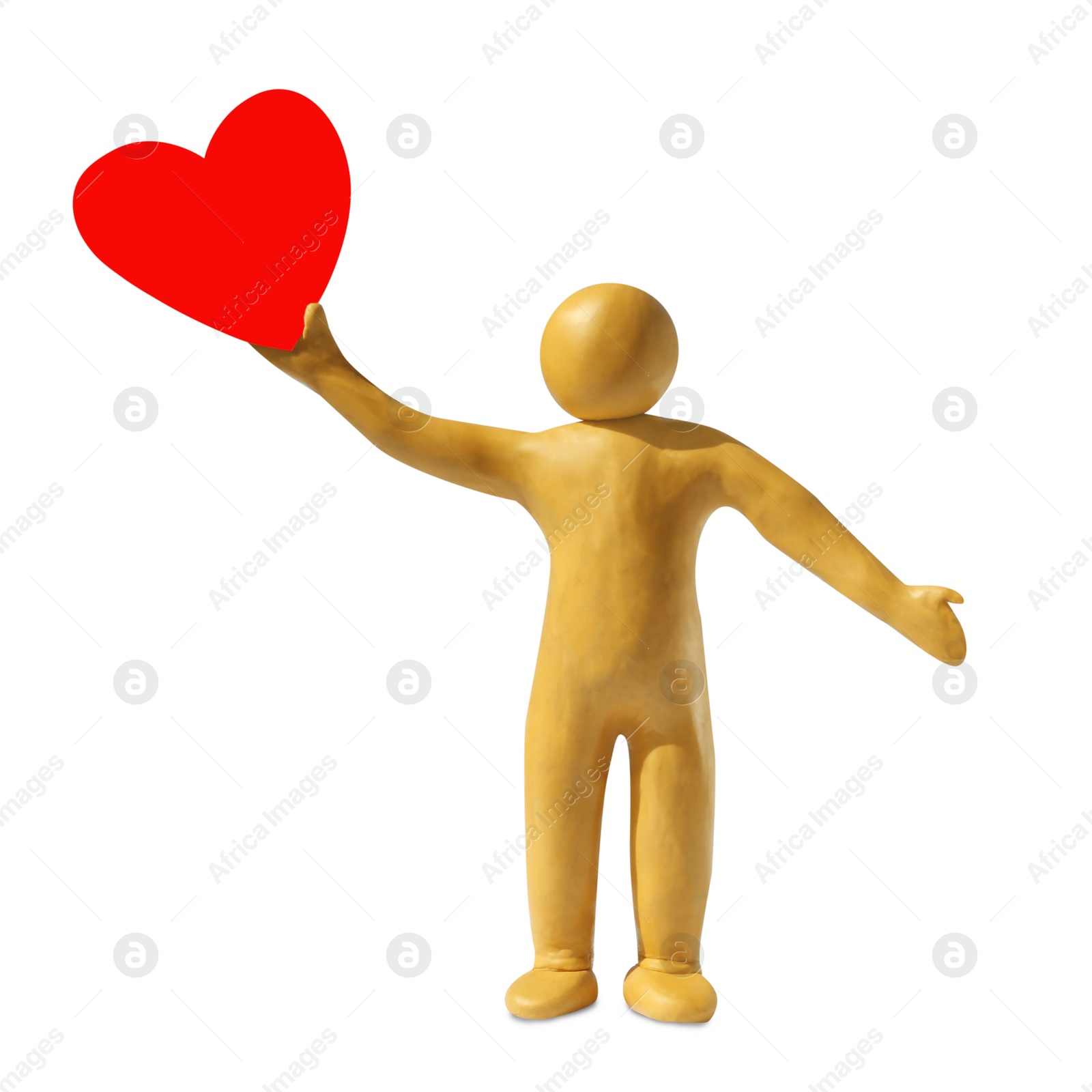 Photo of Human figure made of plasticine holding red paper heart isolated on white