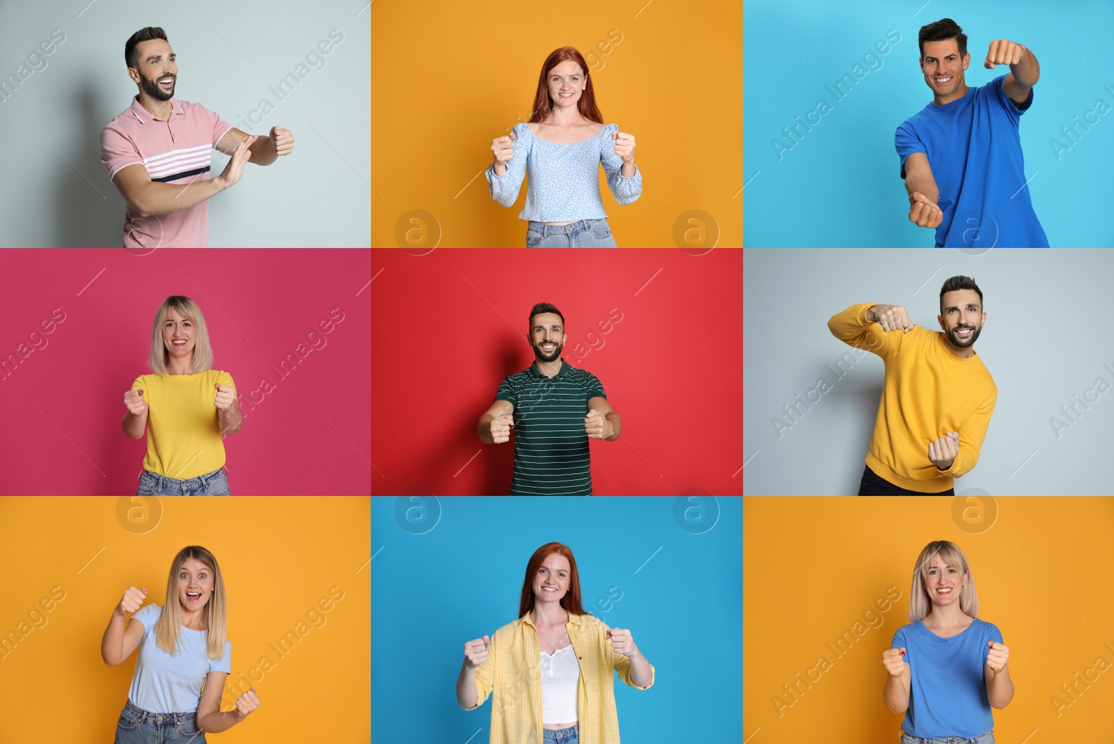 Image of People pretending to drive car on different color backgrounds, collage 
