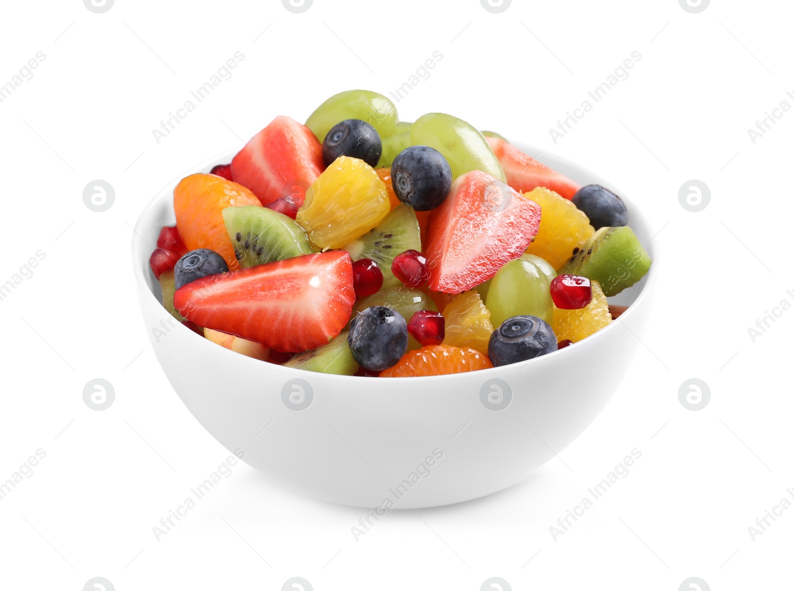 Photo of Fresh delicious fruit salad in bowl on white background