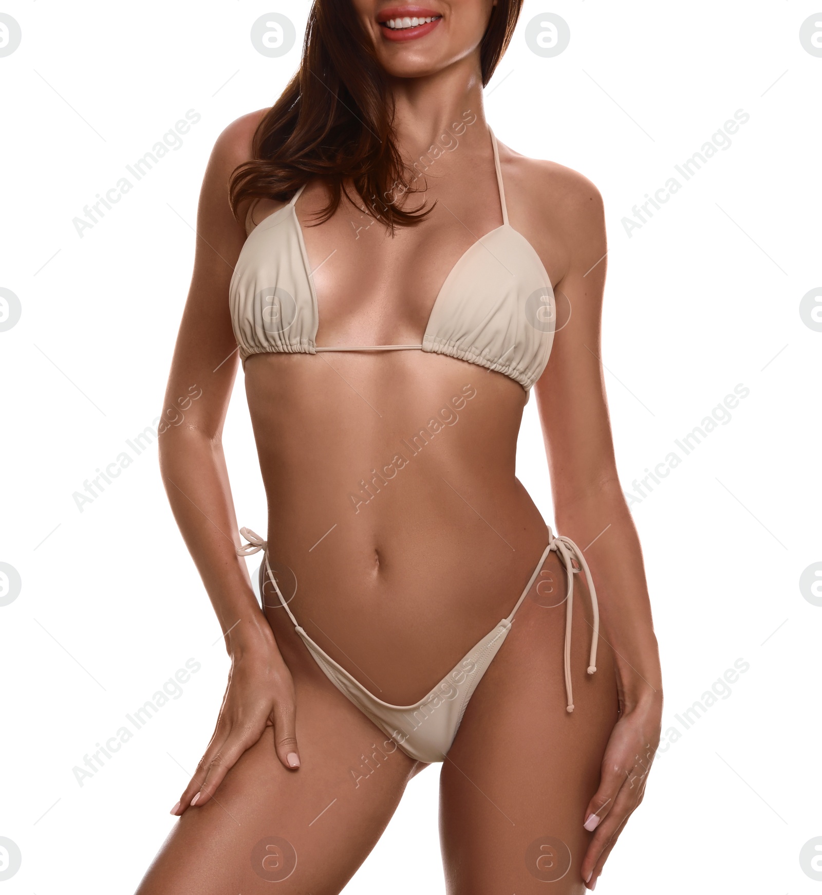 Photo of Woman in stylish bikini on white background, closeup