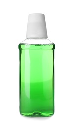 Bottle with mouthwash for teeth care on white background