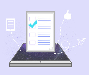 Illustration of Checkbox with tick over tablet. Distant exam, online test - flat illustration