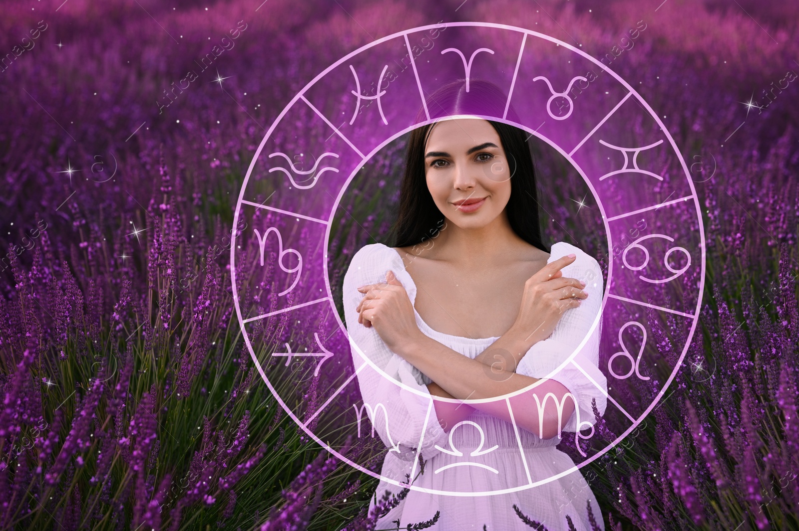 Image of Beautiful young woman in lavender field and zodiac wheel illustration