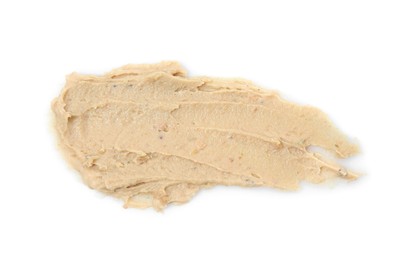 Photo of Smear of delicious liverwurst isolated on white, top view