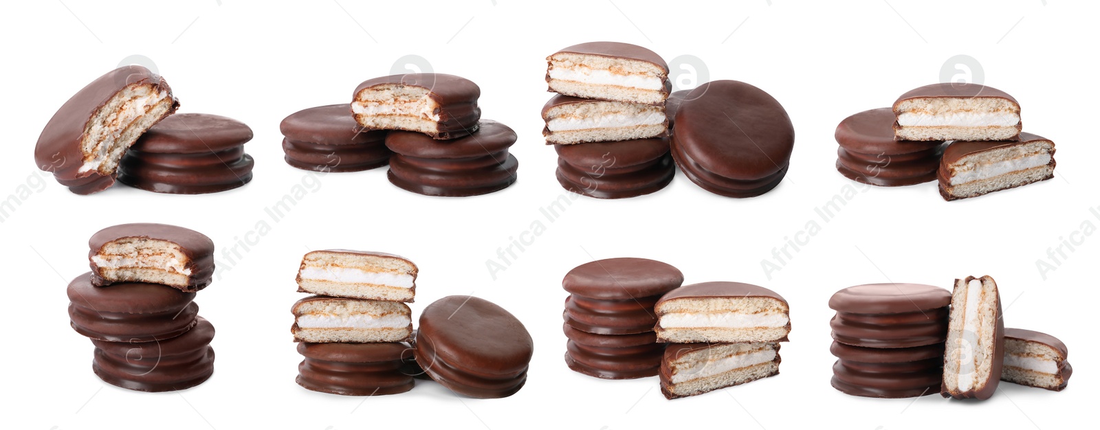 Image of Set with tasty choco pies on white background. Banner design