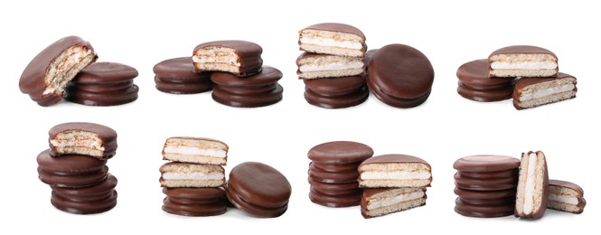 Image of Set with tasty choco pies on white background. Banner design