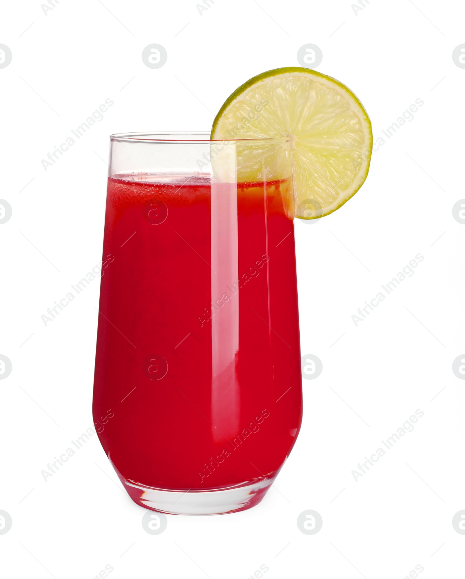 Photo of Tasty watermelon drink and slice of lime in glass isolated on white