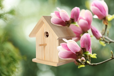 Image of Beautiful wooden bird house hanging on blossoming tree outdoors. Springtime