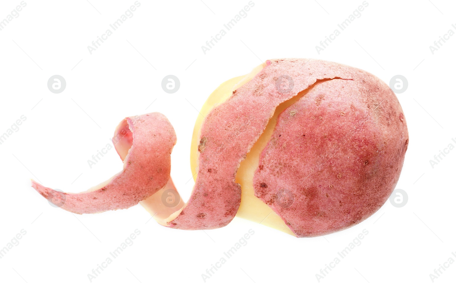 Photo of Ripe half-peeled organic potato on white background