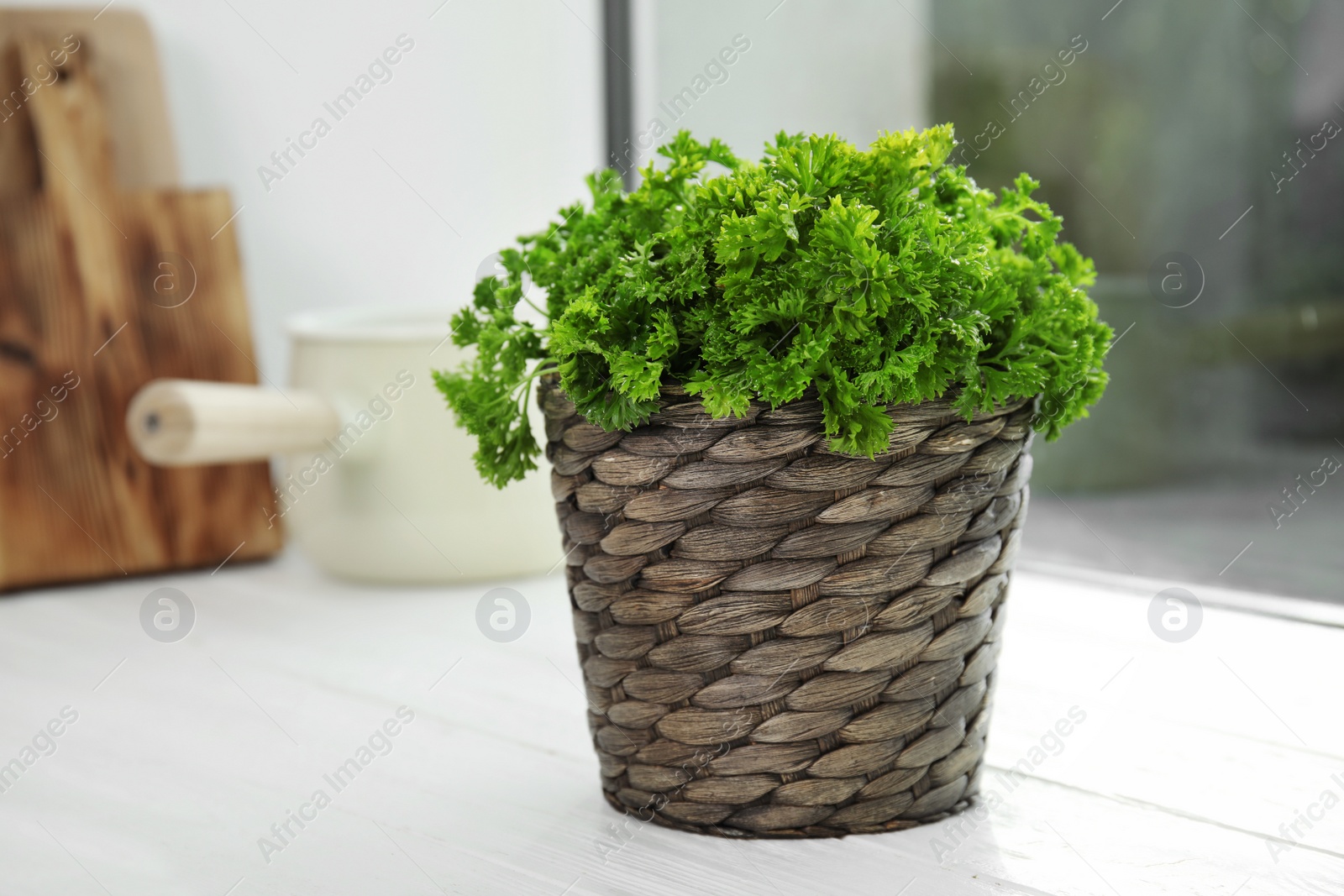 Photo of Wicker pot with fresh green parsley on window sill