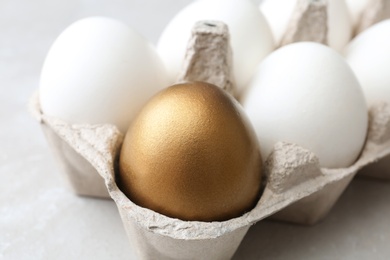 Photo of Carton with golden egg and others on light background, closeup