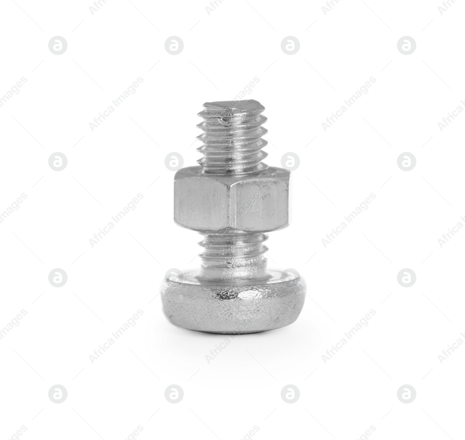Photo of Small metal bolt with hex nut isolated on white