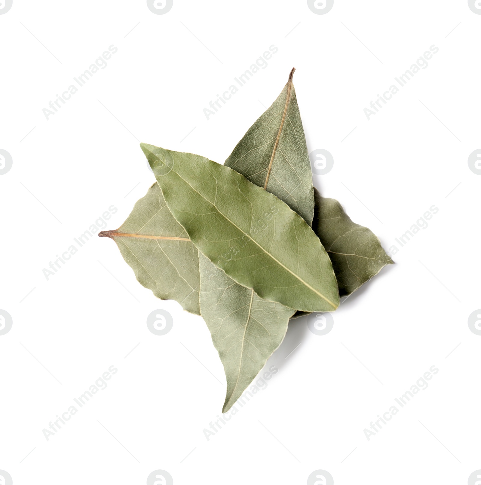 Photo of Aromatic bay leaves on white background, top view