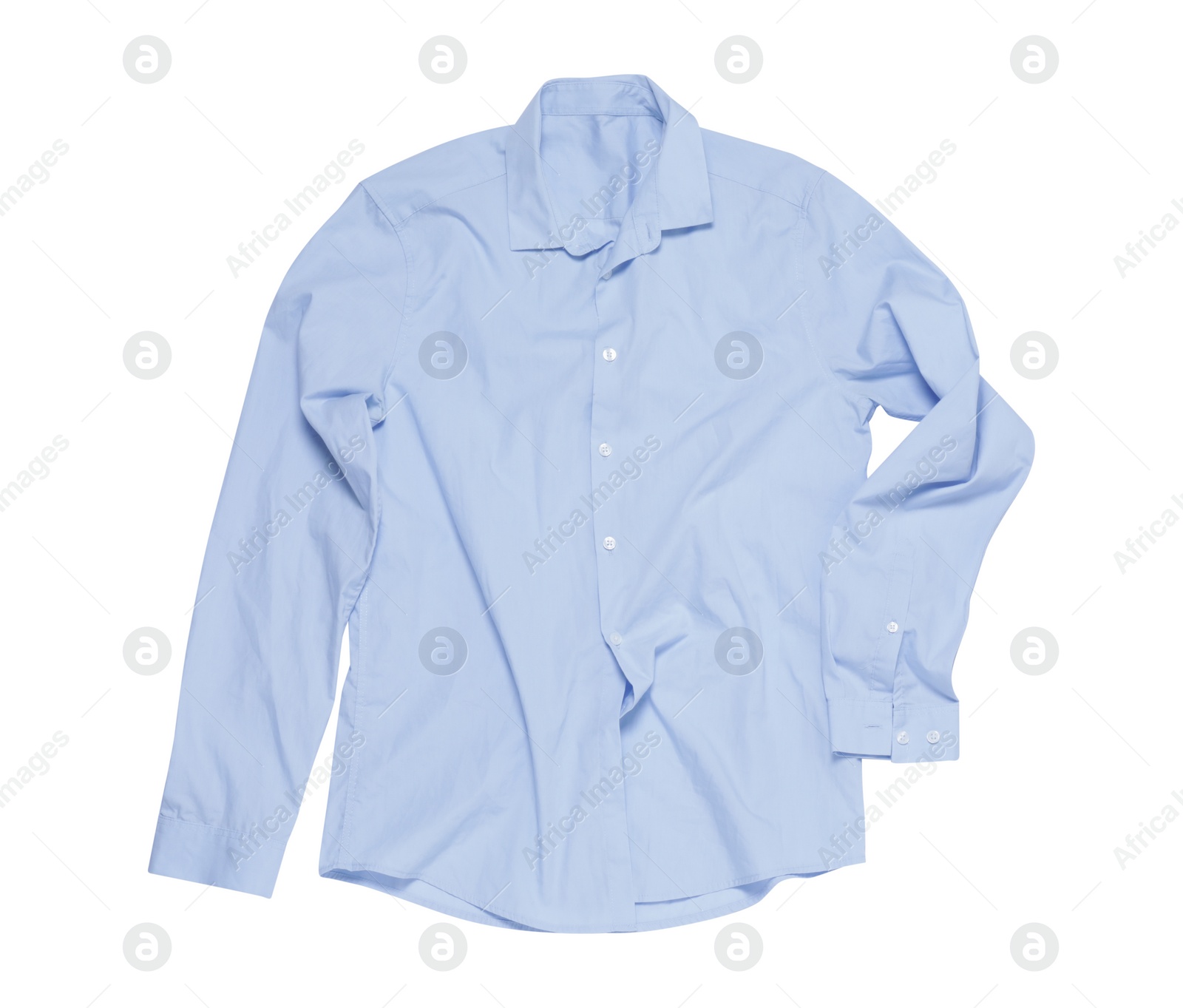 Photo of Crumpled light blue shirt on white background, top view