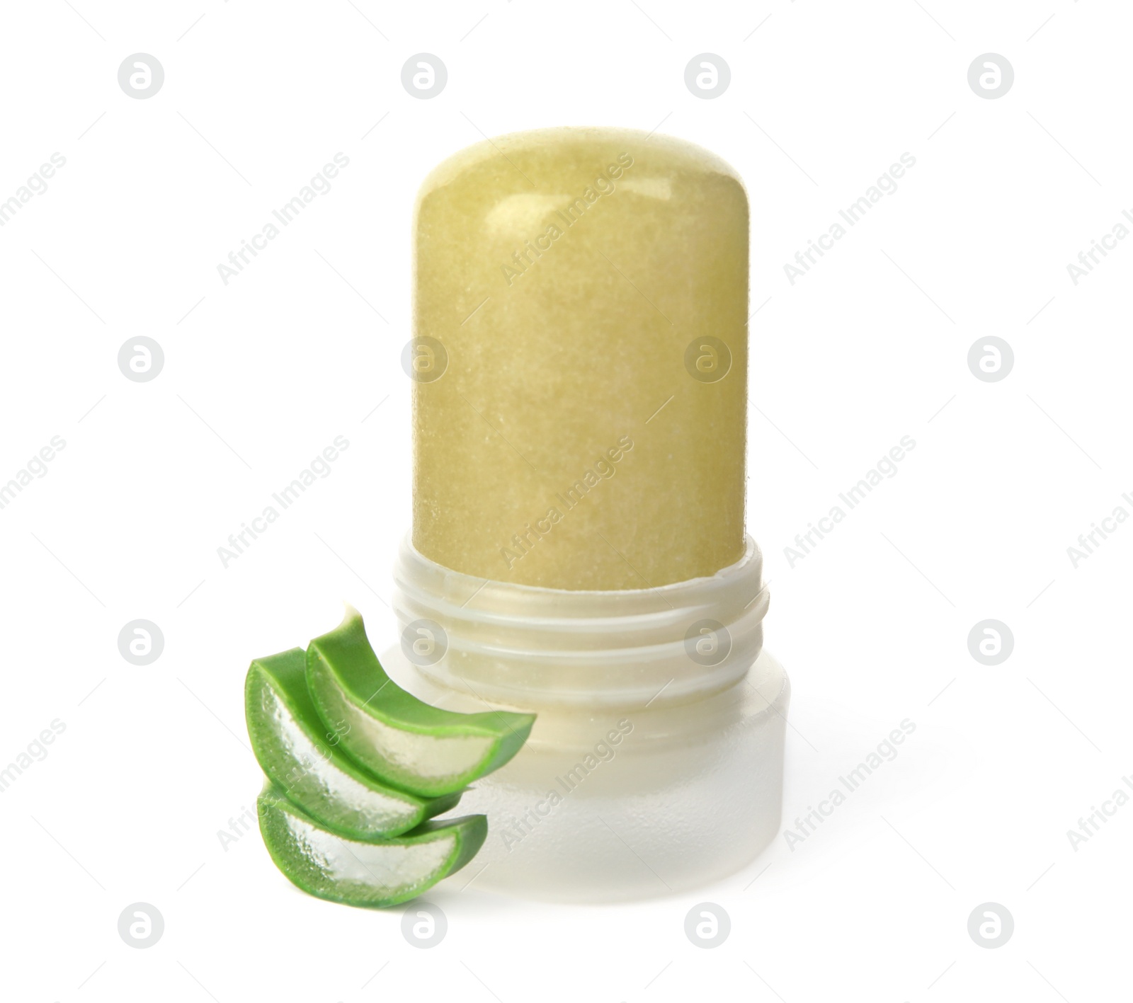 Photo of Natural crystal alum deodorant and fresh aloe on white background