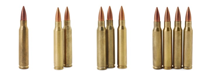 Image of Set of many bullets on white background. Firearm ammunition