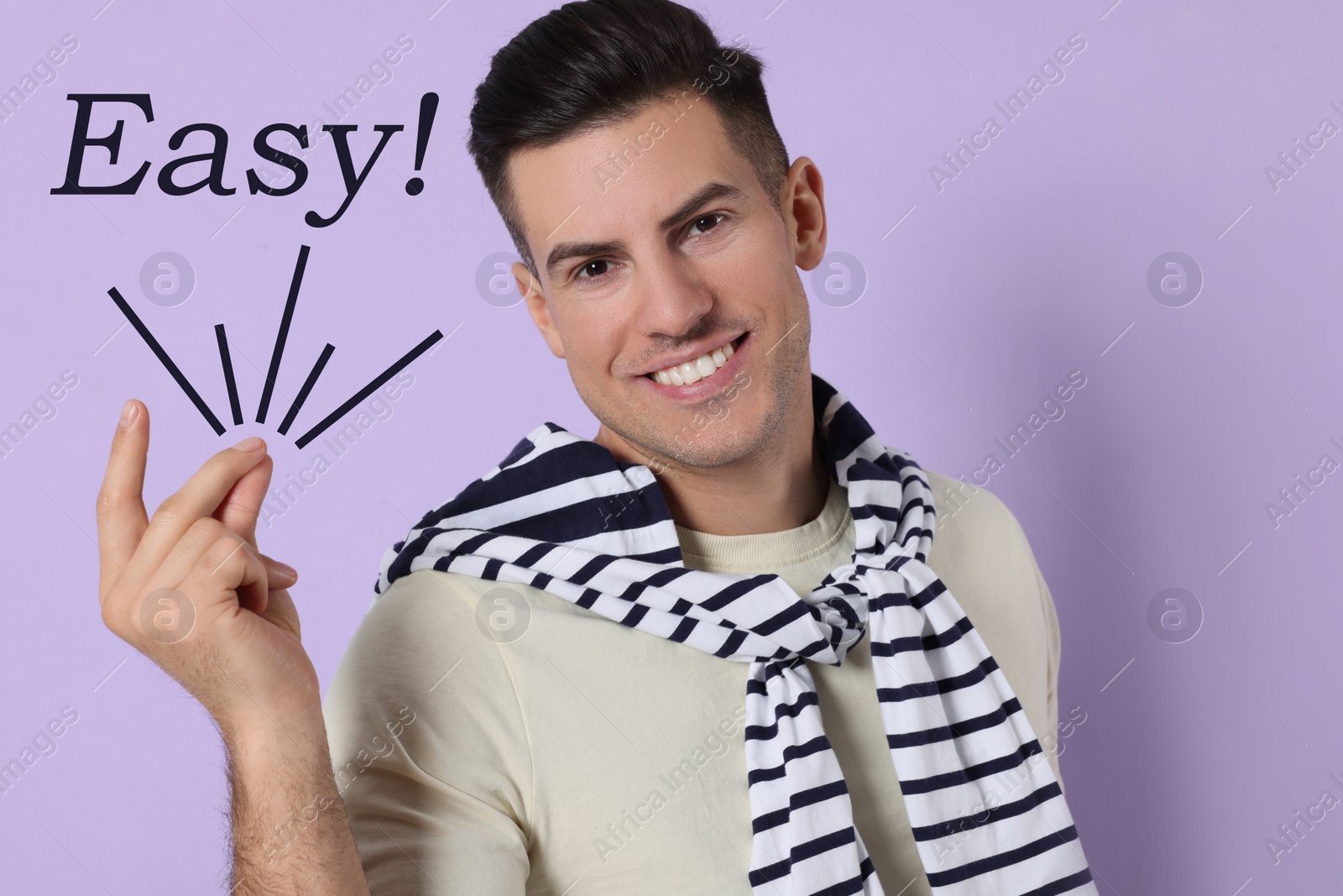 Image of Handsome man snapping fingers on violet background