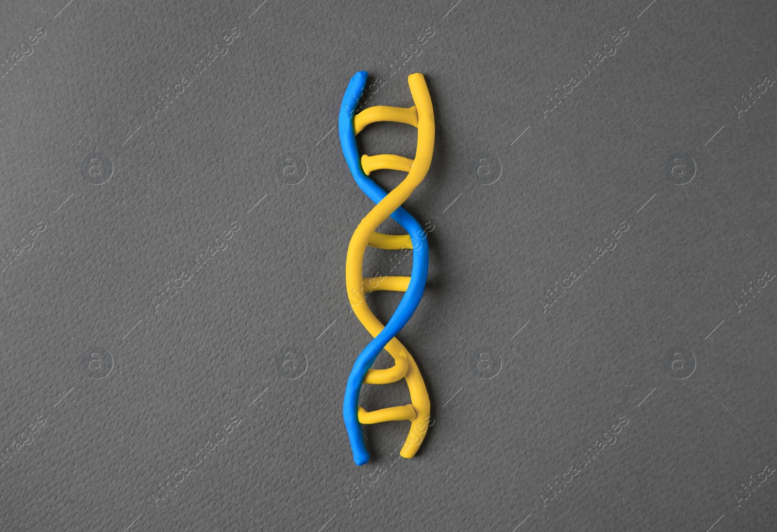 Photo of DNA molecule model made of colorful plasticine on black background, top view