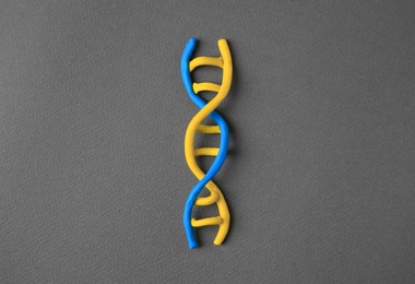Photo of DNA molecule model made of colorful plasticine on black background, top view