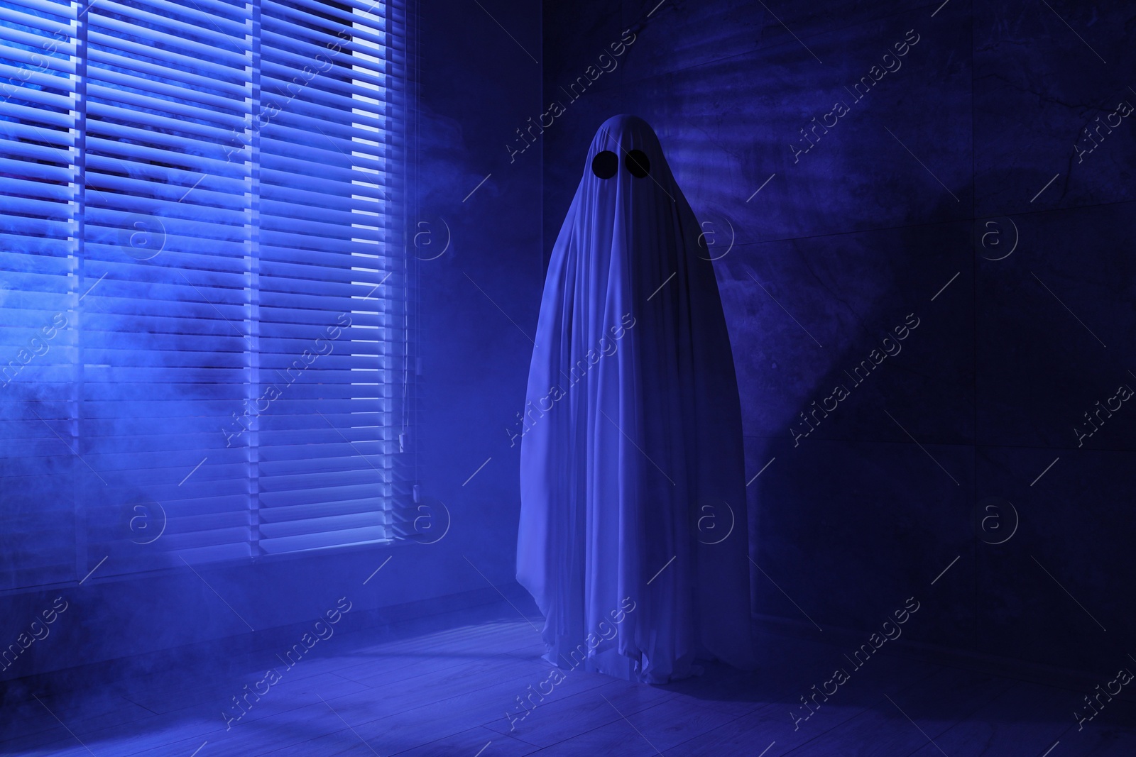 Photo of Creepy ghost. Woman covered with sheet near window in blue light