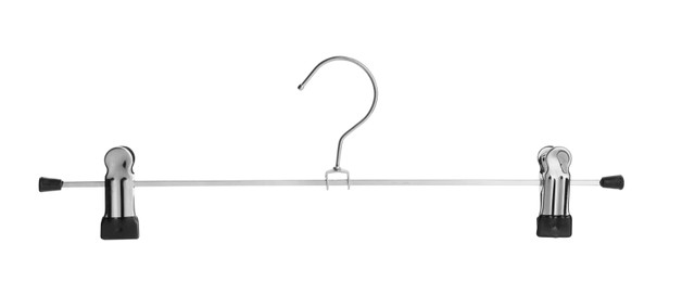 Photo of Empty metal hanger with clips isolated on white