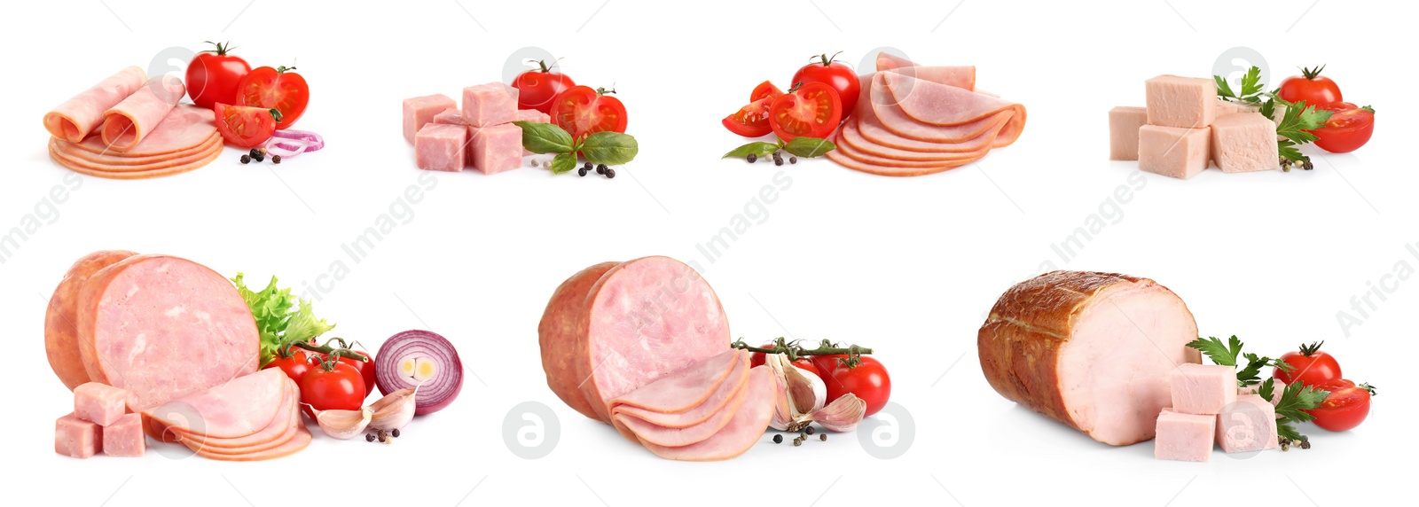 Image of Set of tasty hams on white background. Banner design