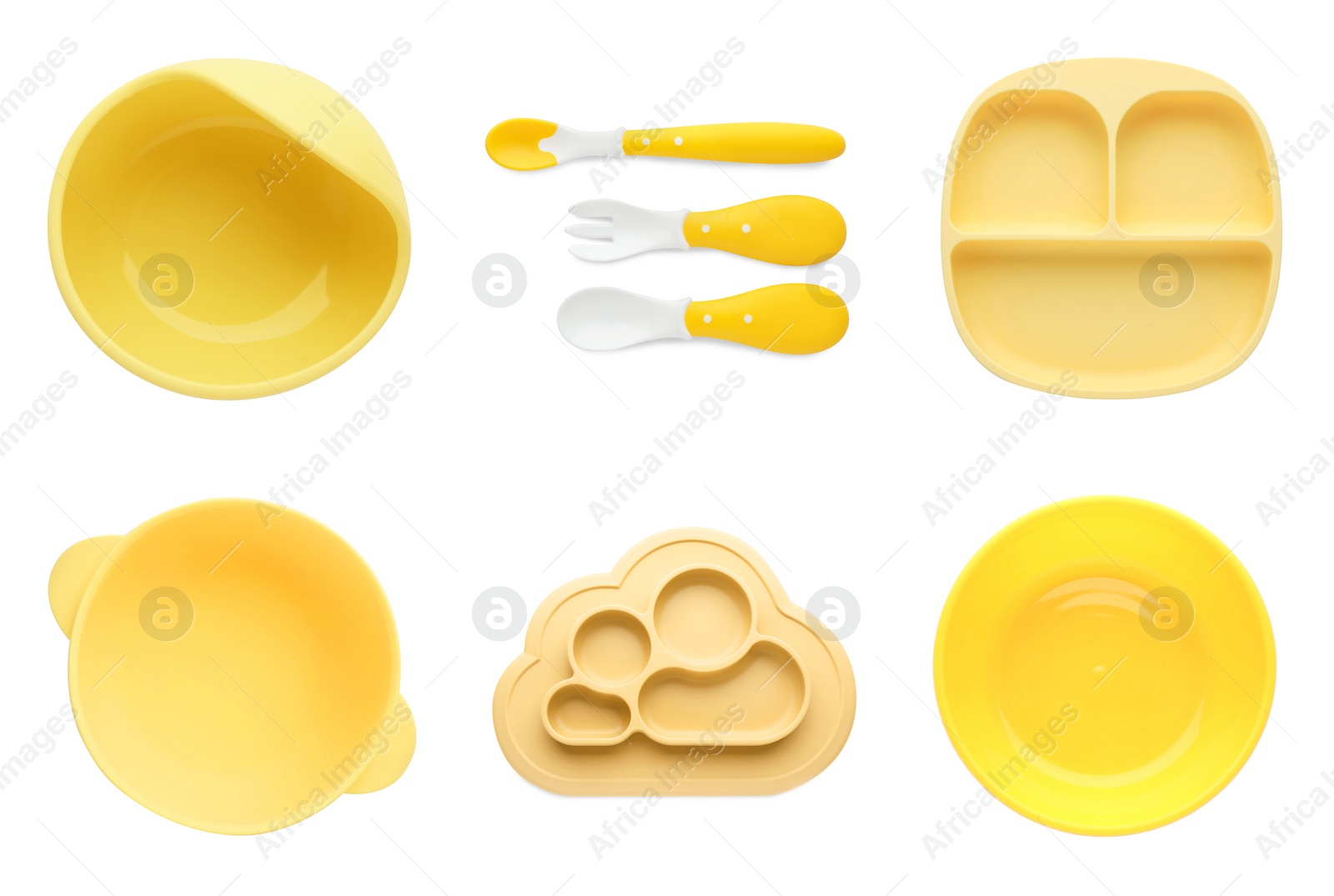 Image of Set with yellow dishware on white background, top view. Serving baby food