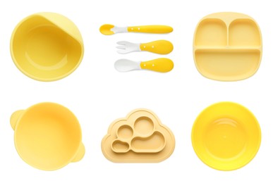 Set with yellow dishware on white background, top view. Serving baby food