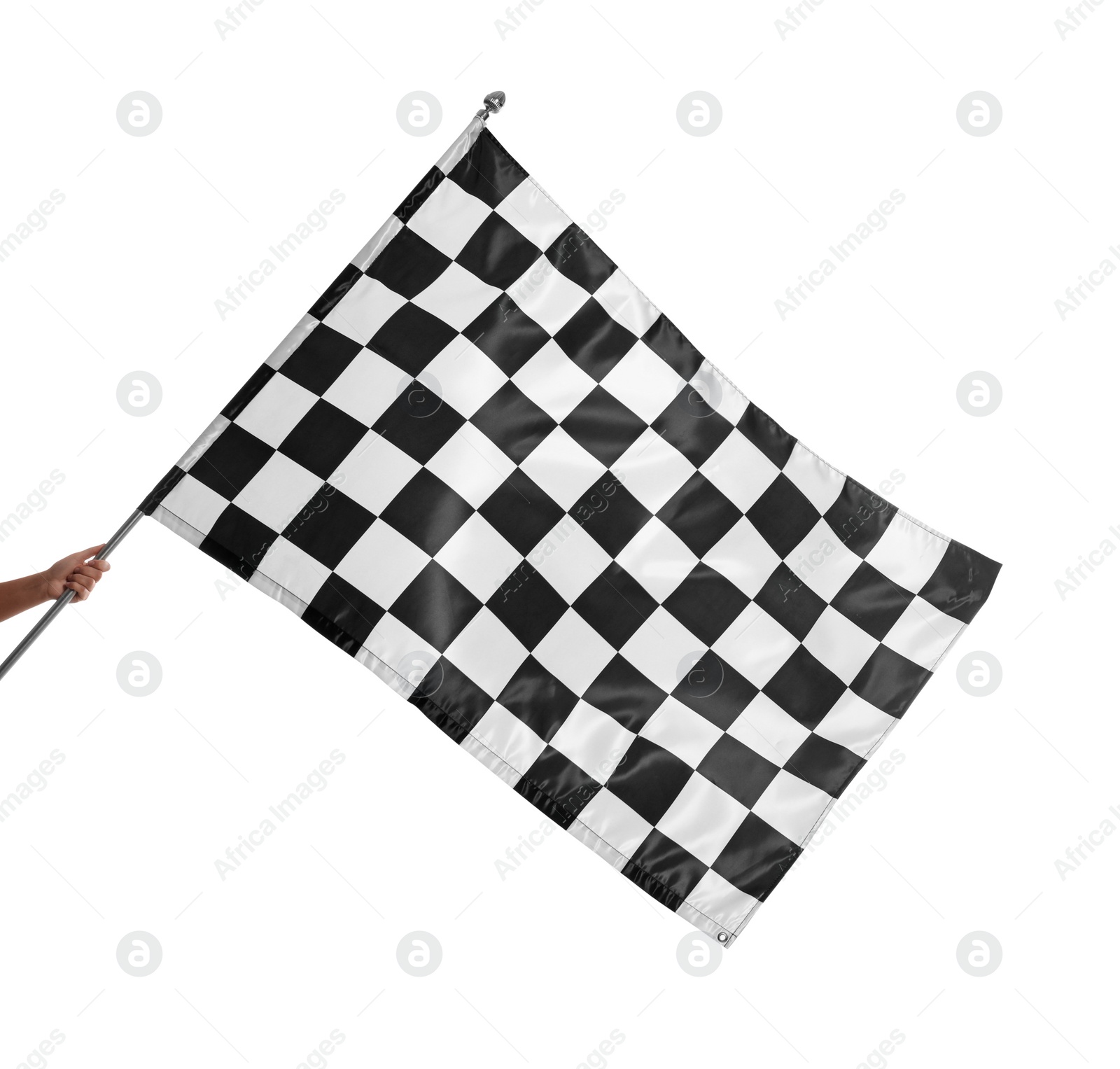 Photo of One checkered finish flag isolated on white