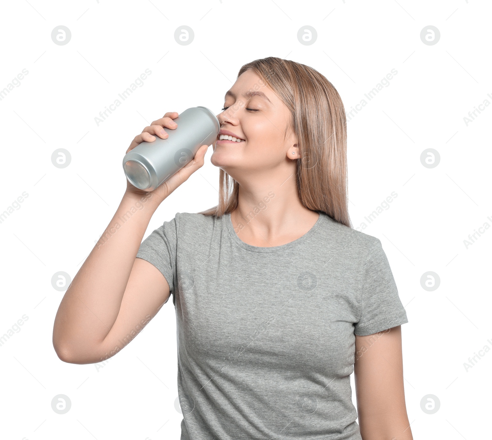 Photo of Beautiful woman drinking from beverage can on white background