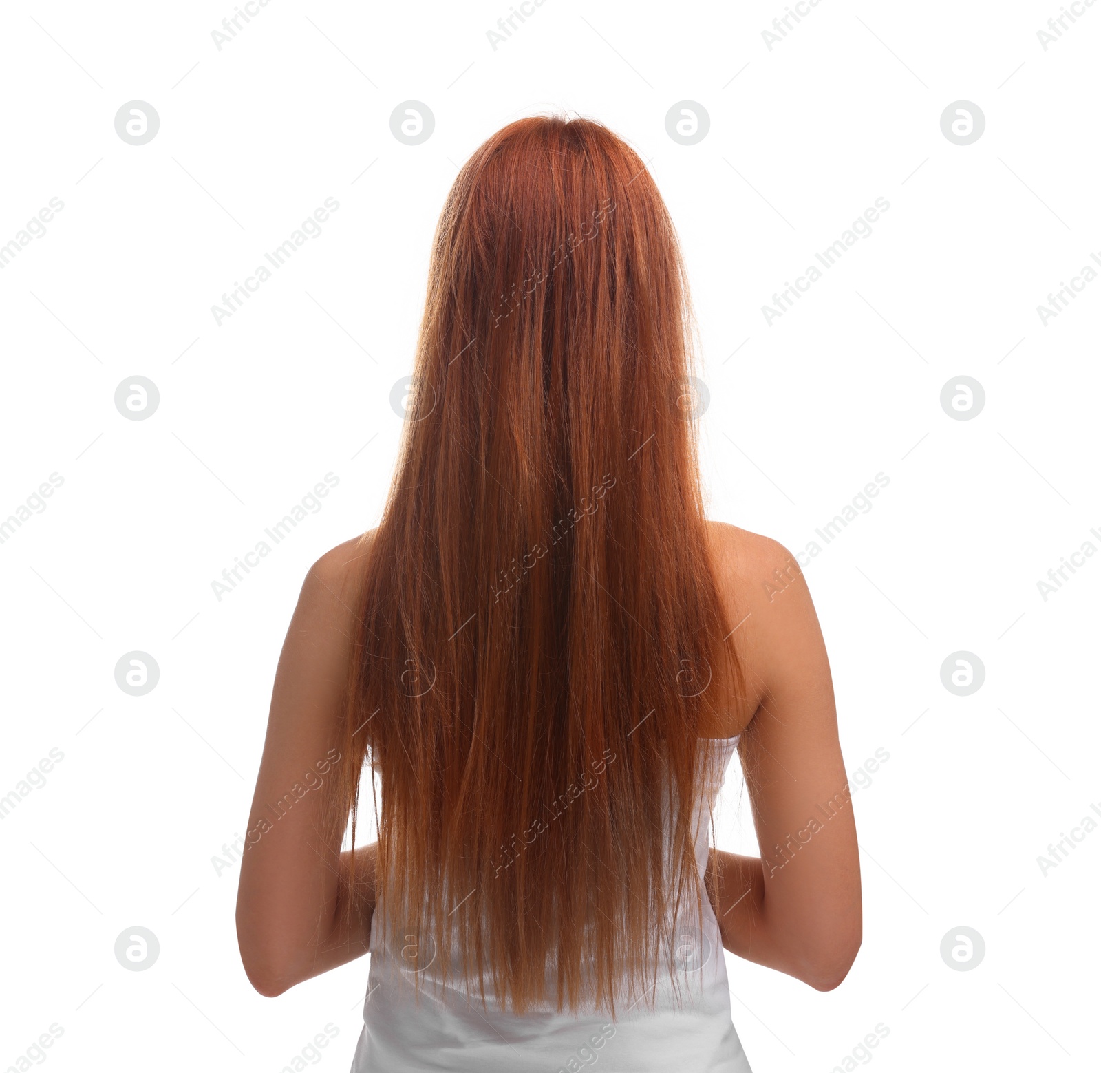 Photo of Woman with damaged hair on white background, back view