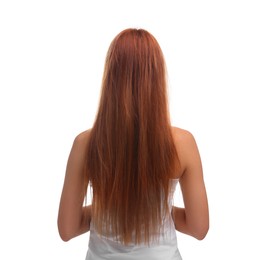 Photo of Woman with damaged hair on white background, back view