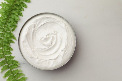 Photo of Jar of face cream and green plant on white marble table, flat lay. Space for text