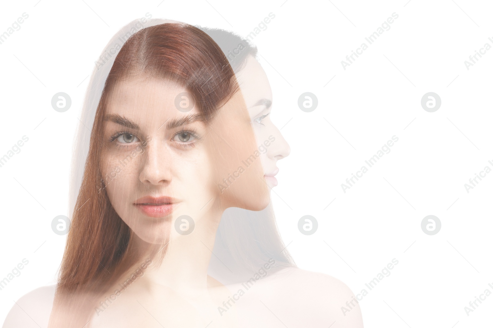 Image of Double exposure of beautiful women on white background