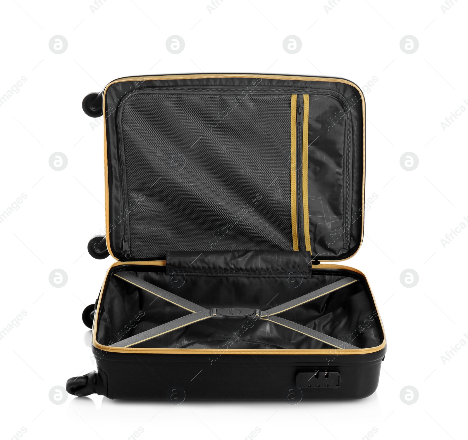 Photo of Open suitcase for travelling on white background