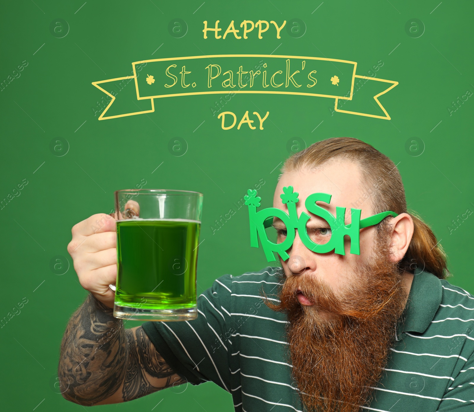 Image of Man in party glasses with green beer on color background. St. Patrick's Day celebration