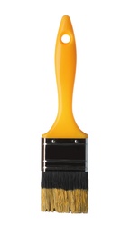 Photo of Brush with yellow paint on white background