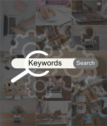 Keywords research concept. Collage with photos of SEO specialists and search bar