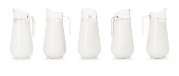 Image of Fresh milk in jug isolated on white, set