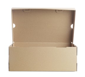 Photo of Open cardboard box for shoes isolated on white