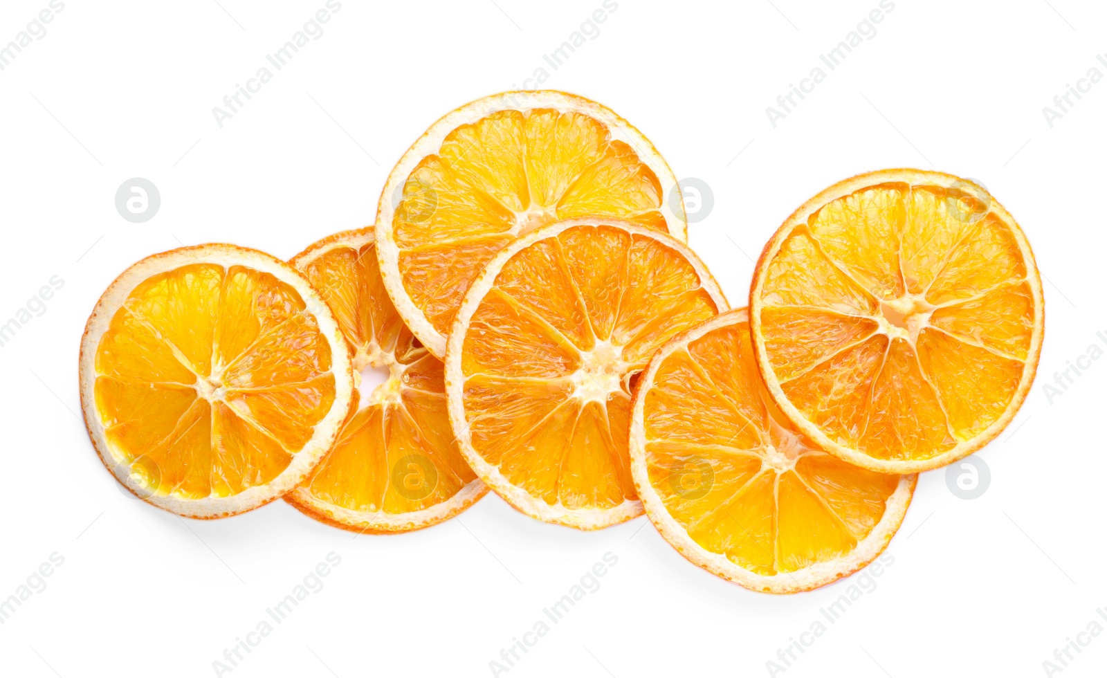 Delicious dry orange slices on white background, top view Photo of Delicious dry orange slices on white background, top view