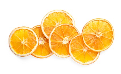 Photo of Delicious dry orange slices on white background, top view