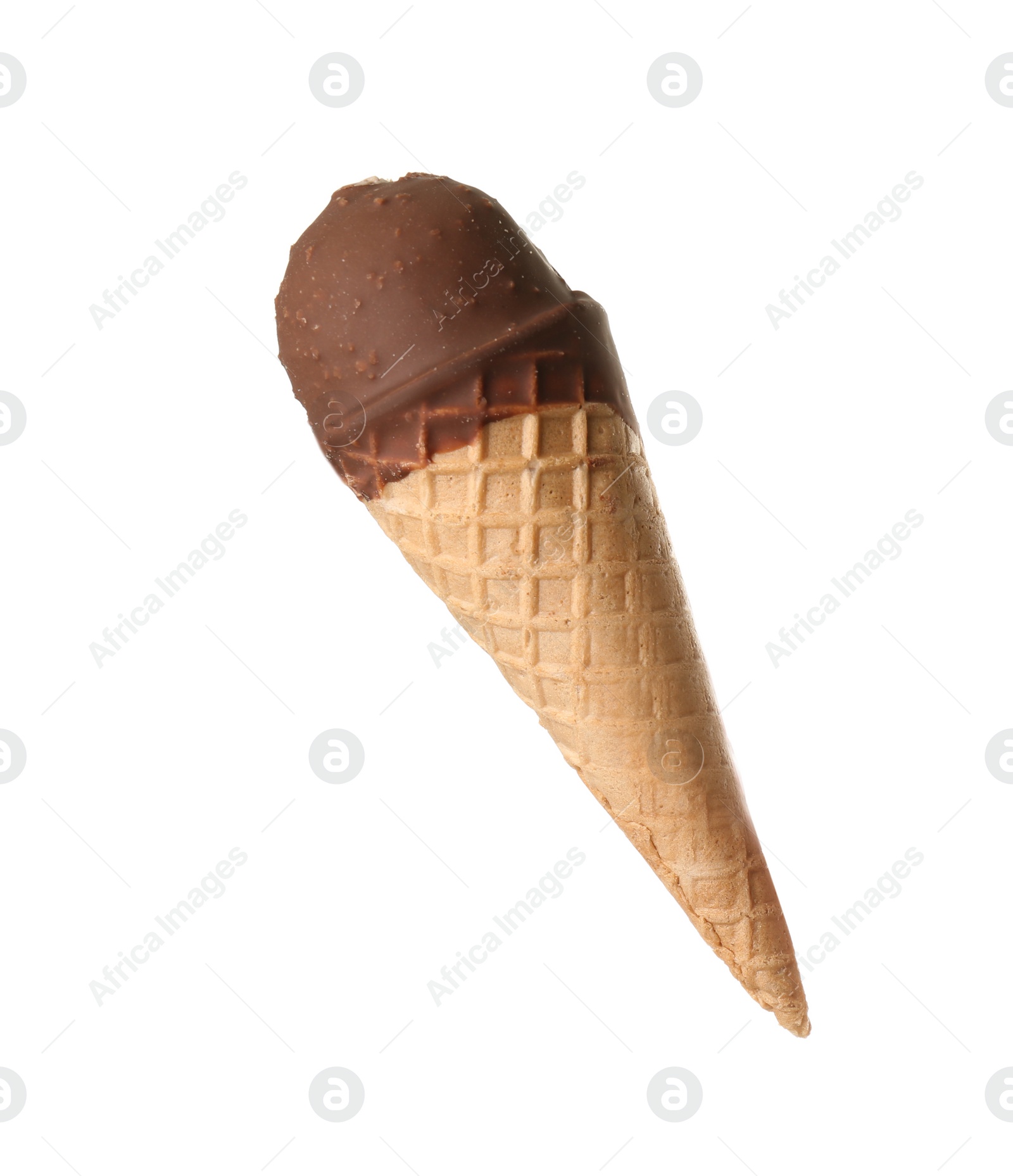 Photo of Woman holding ice cream in waffle cone against white background