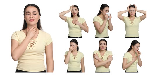 Collage with photos of woman with cold symptoms on white background. Banner design