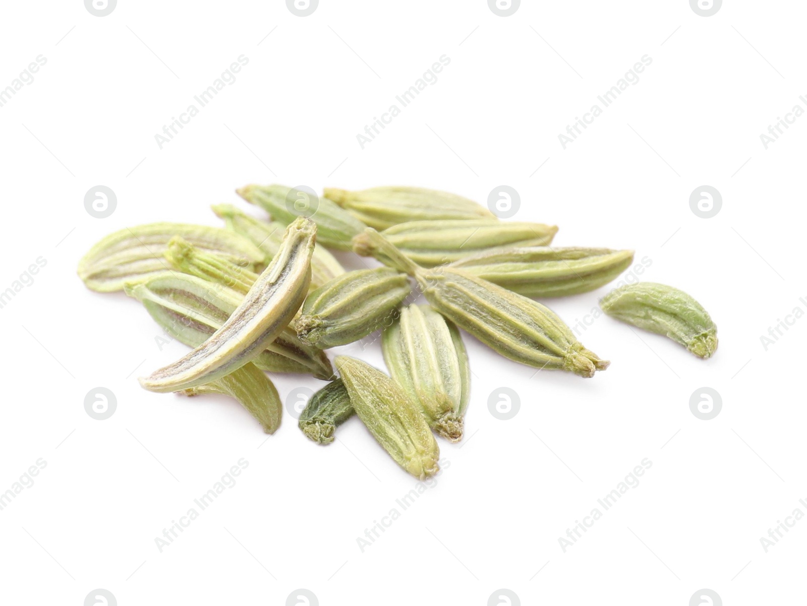 Photo of Many dry fennel seeds isolated on white