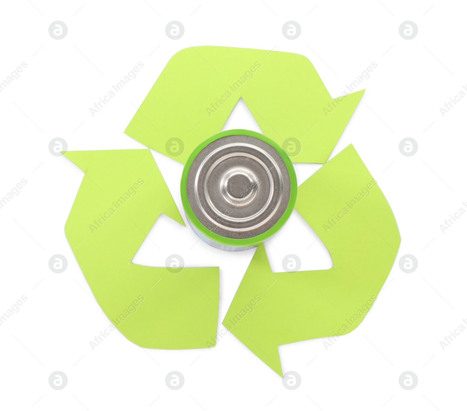 Photo of Used battery and recycling symbol on white background, top view