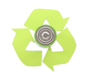 Photo of Used battery and recycling symbol on white background, top view