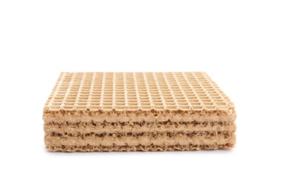 Photo of Delicious crispy wafer on white background. Sweet food